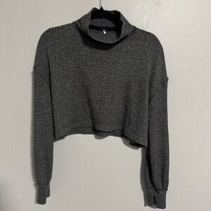 Free People High Neck SZ M Gray Top Cropped Waffle Knit Shirt Deconstructed